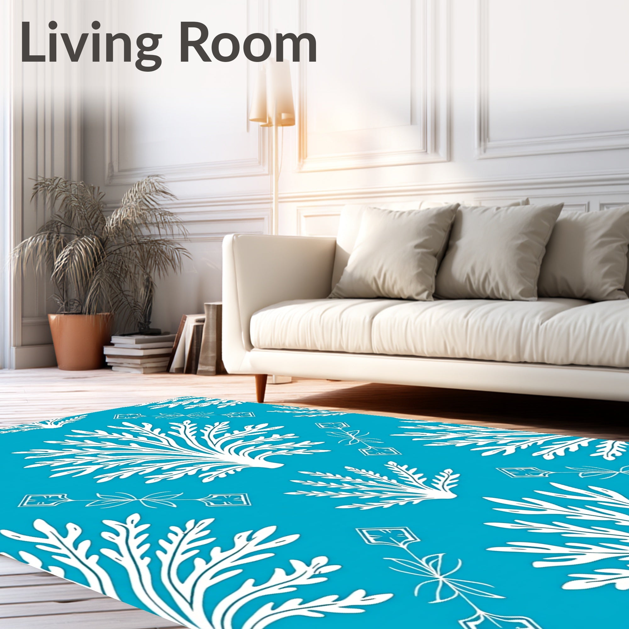 White Floral Patterned Teal Rug