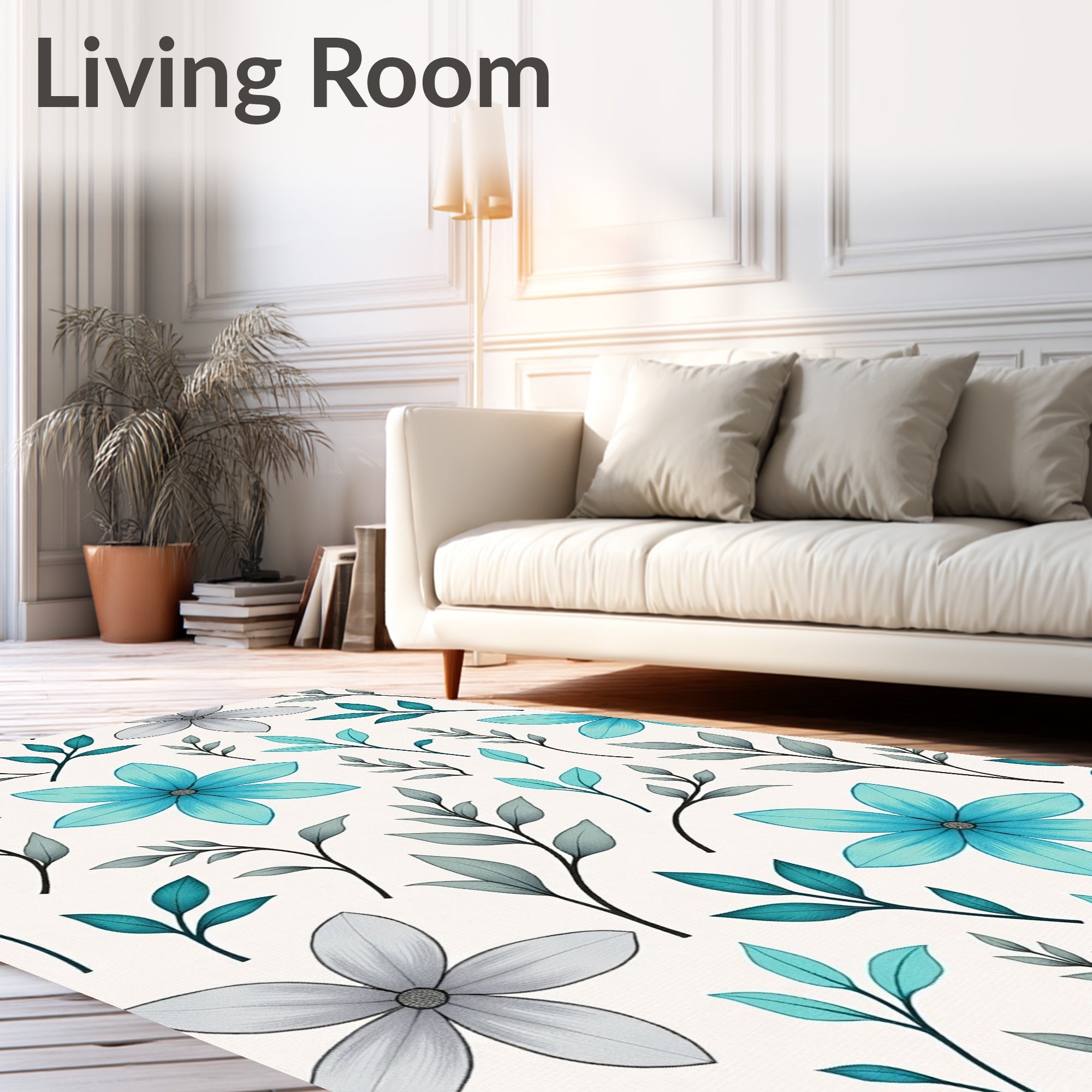 Teal Gray Floral Botanical Pattern Rug