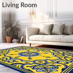 Ornate Yellow And Blue Floral Pattern Rug