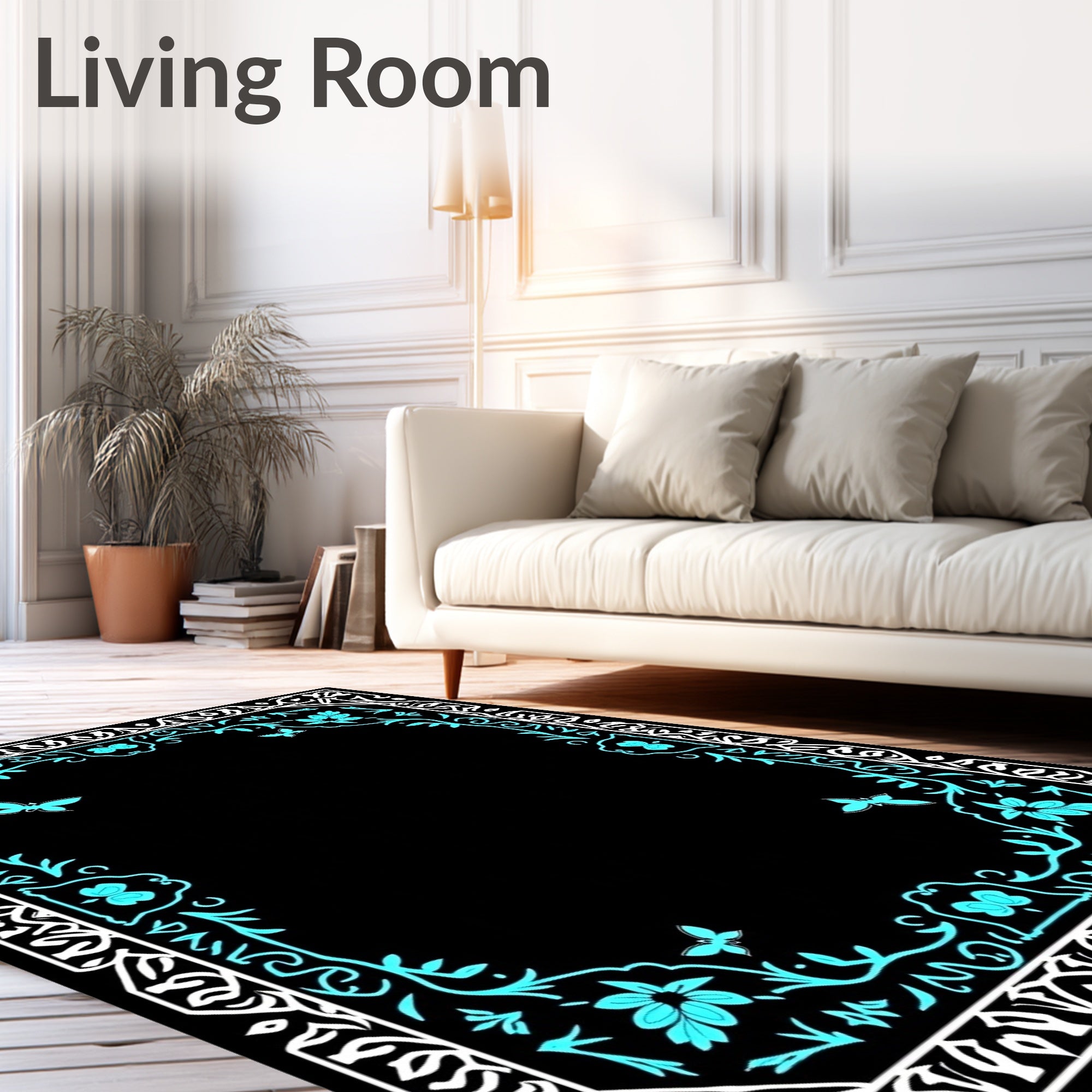 Aqua Butterfly Floral Decorative Frame Rug
