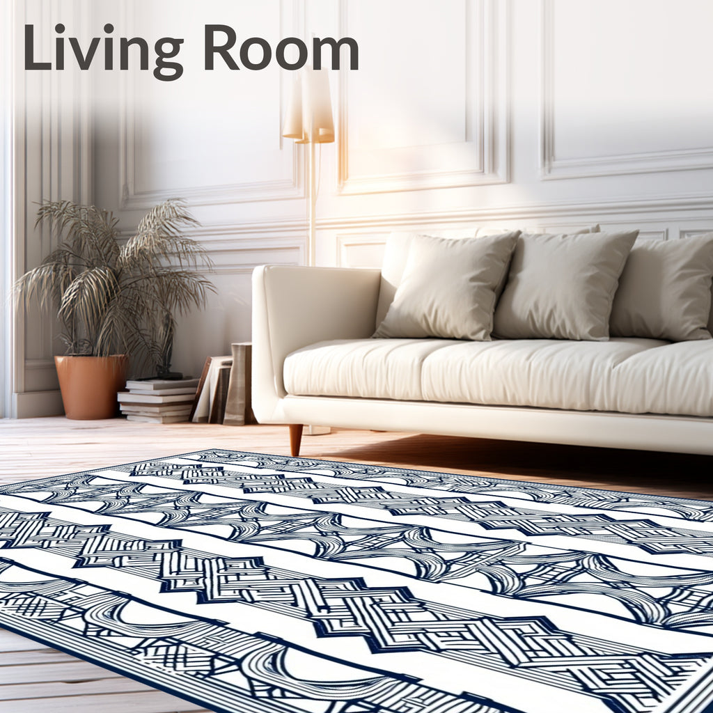 Dark Blue White Vertical Geometric Pattern Rug
