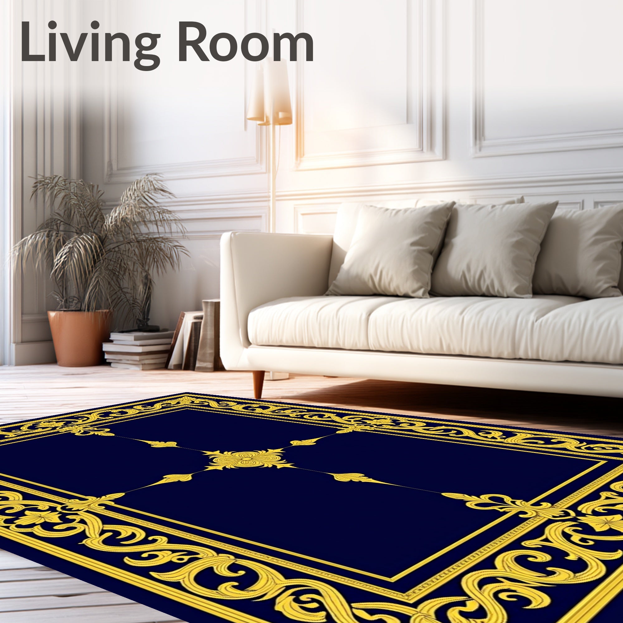 Ornate Gold Scrollwork Border Design Rug