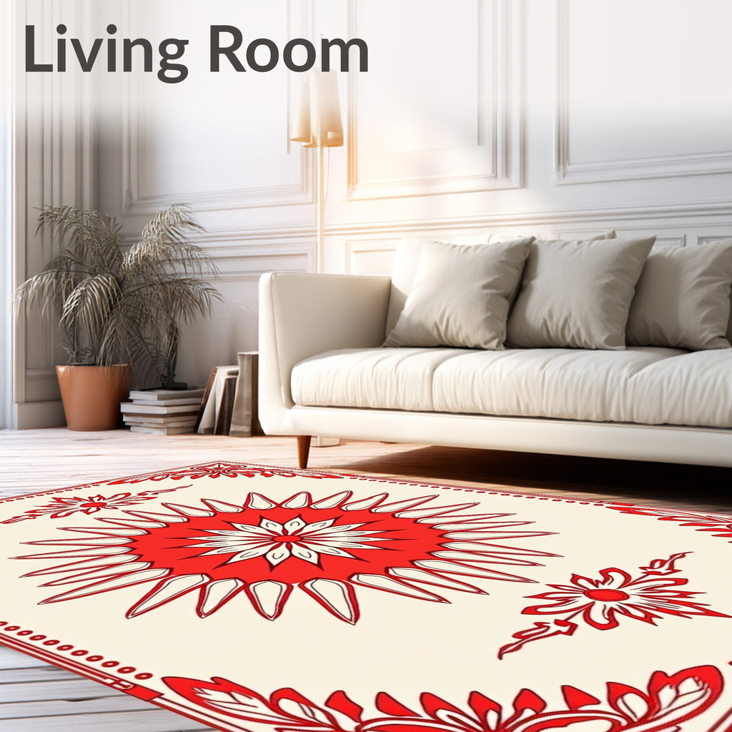 Red Floral Sunburst Border Pattern Rug