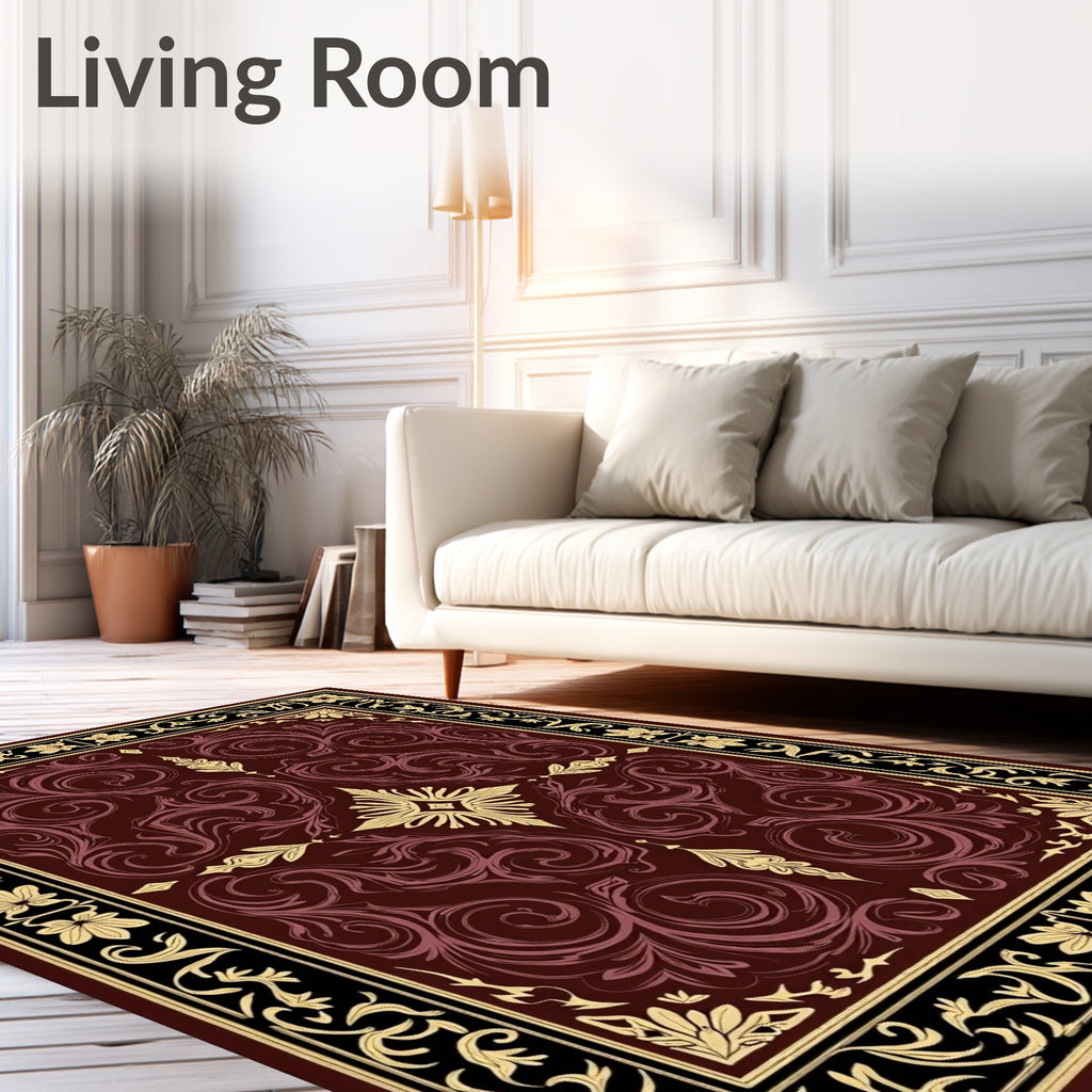 Rich Burgundy Floral Swirl Scrollwork Rug