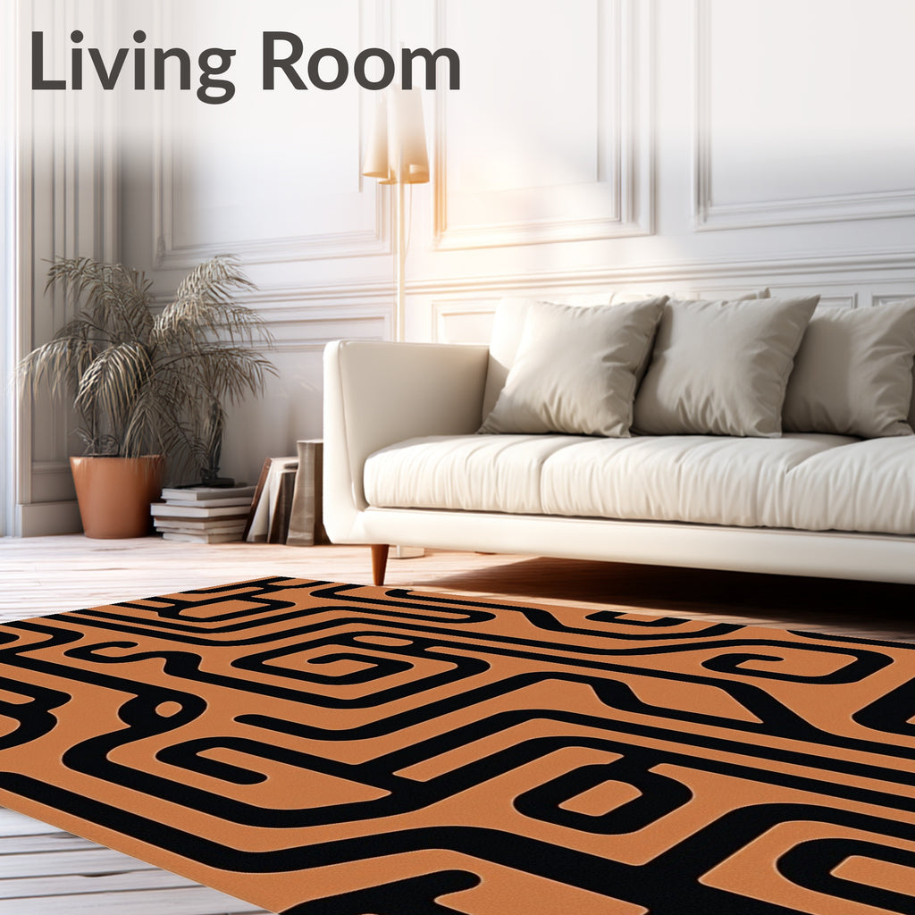 Abstract Maze Black Orange Rug
