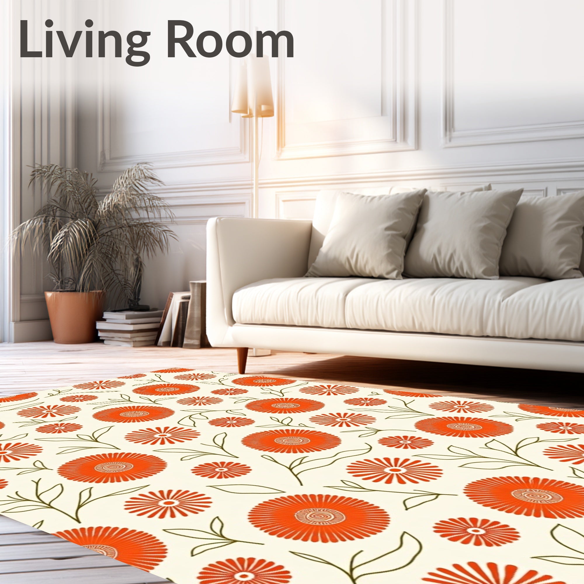 Orange Daisy Pattern with Green Stems Rug