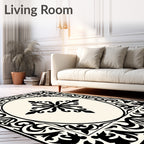 Ornate Black Ivory Floral Medallion Rug
