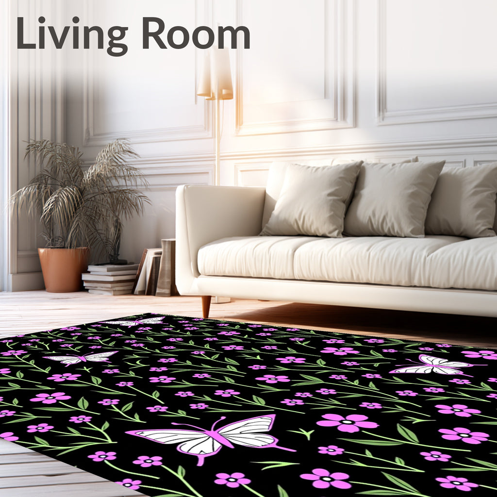 Pink Butterfly Flower Field Design Rug