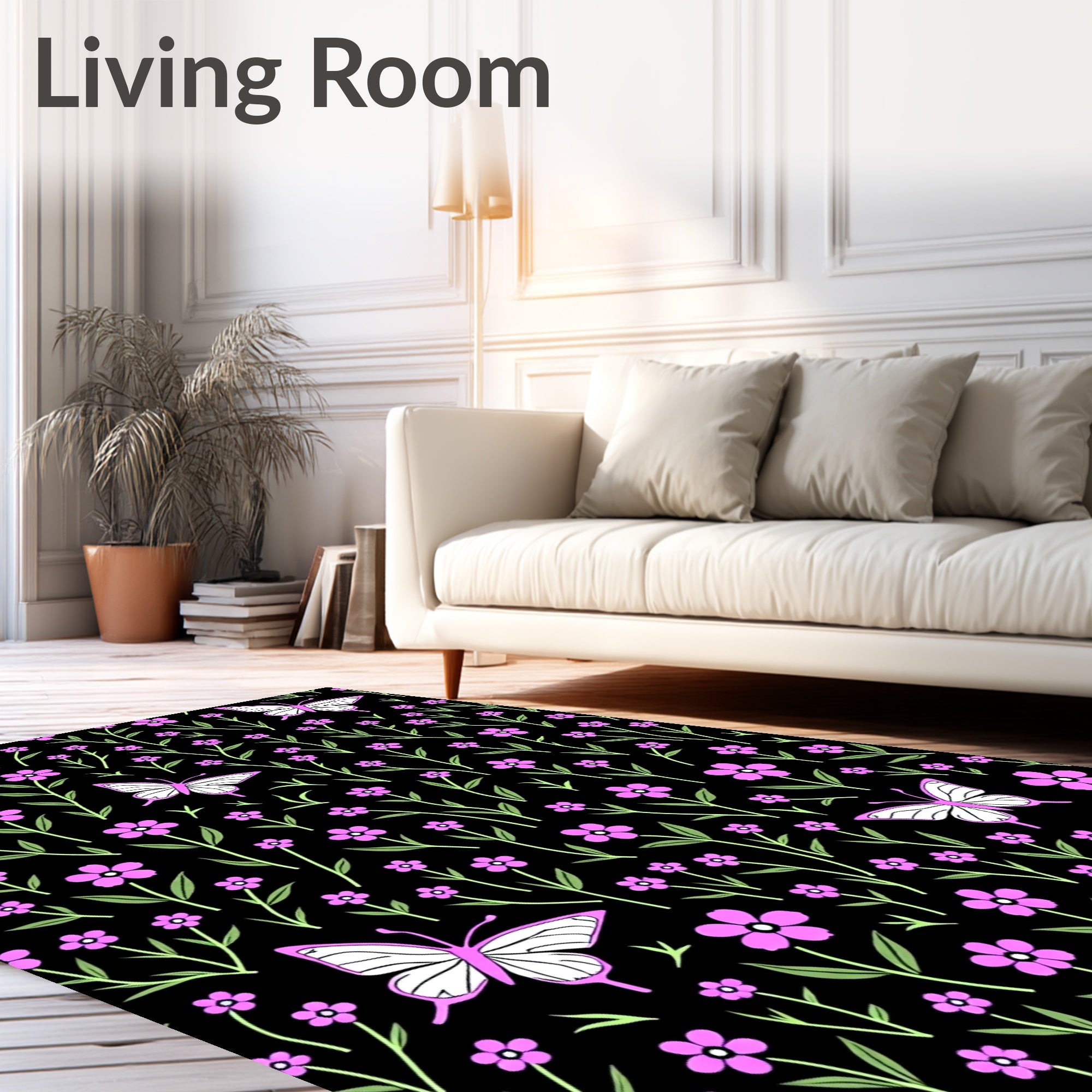 Pink Butterfly Flower Field Design Rug