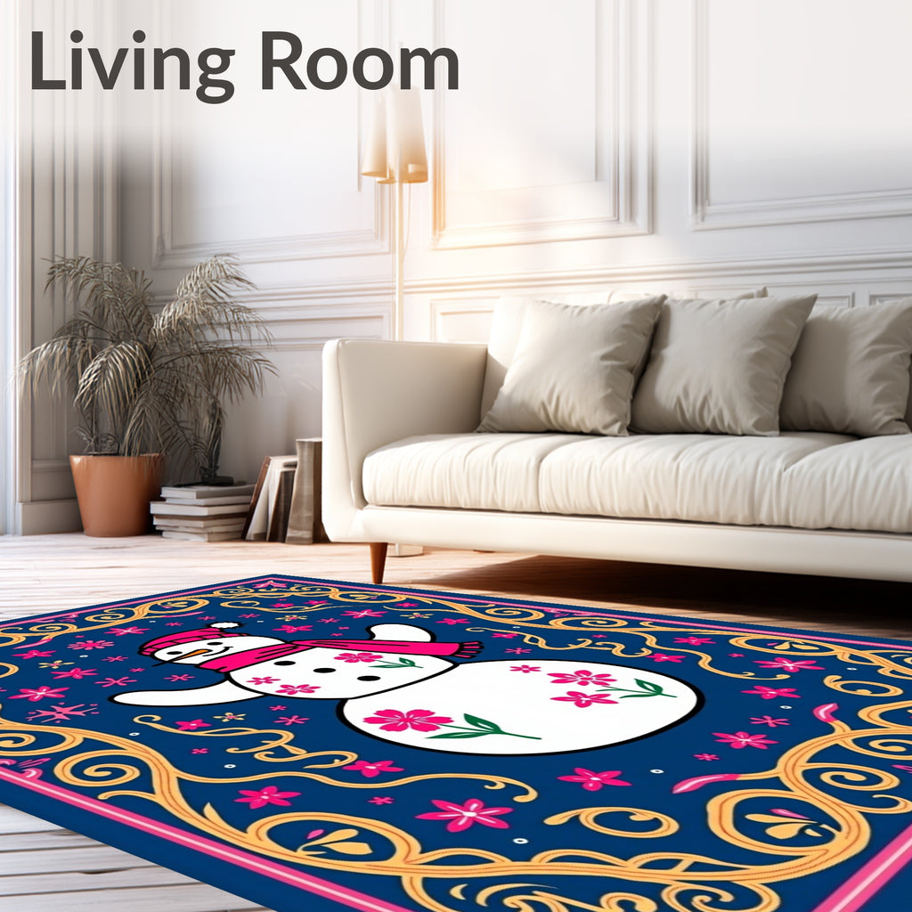 Whimsical Snowman Pink Floral Border Rug
