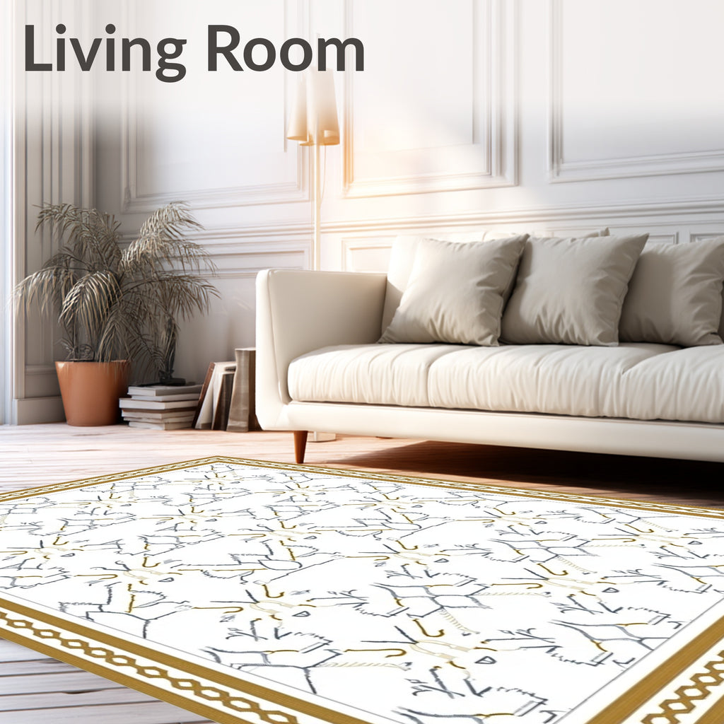 Ornate Golden Bordered Geometric Pattern Rug