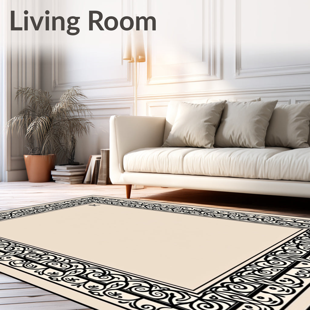 Ornate Black Scrollwork Textured Rug