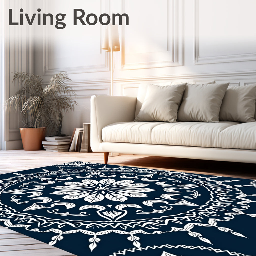 Dark Blue Intricate Floral Mandala Design Rug