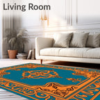 Intricate Orange Floral Teal Design Rug