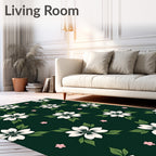 White Flower Pattern with Green Leaves Rug