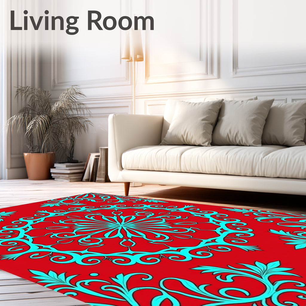 Vibrant Red Teal Floral Medallion Rug