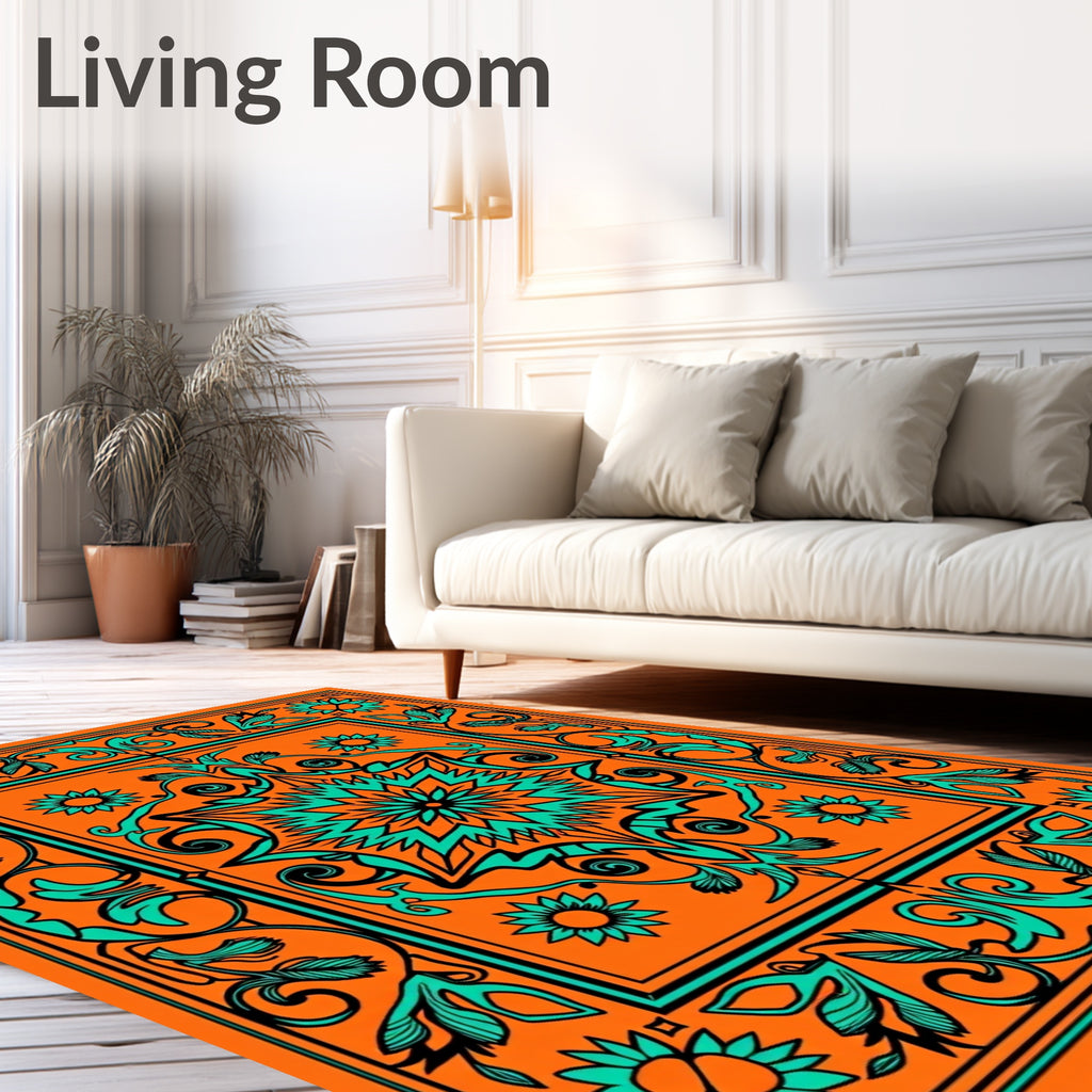 Bold Orange Aqua Floral Mandala Square Rug