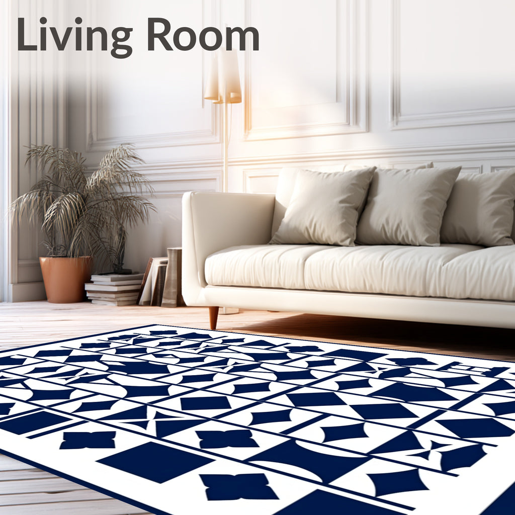 Geometric Abstract Blue White Pattern Rug