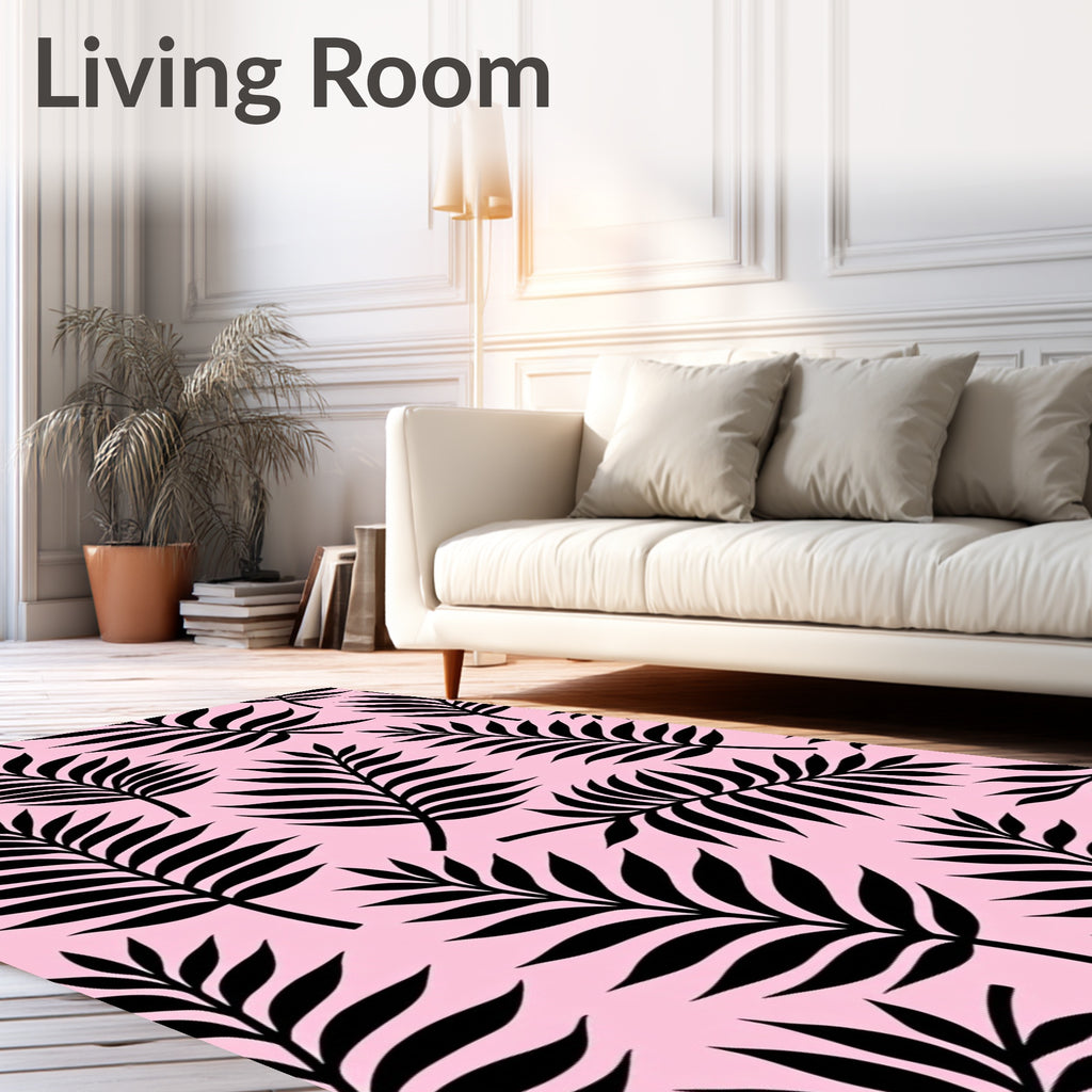 Black Palm Fronds Pink Tropical Rug