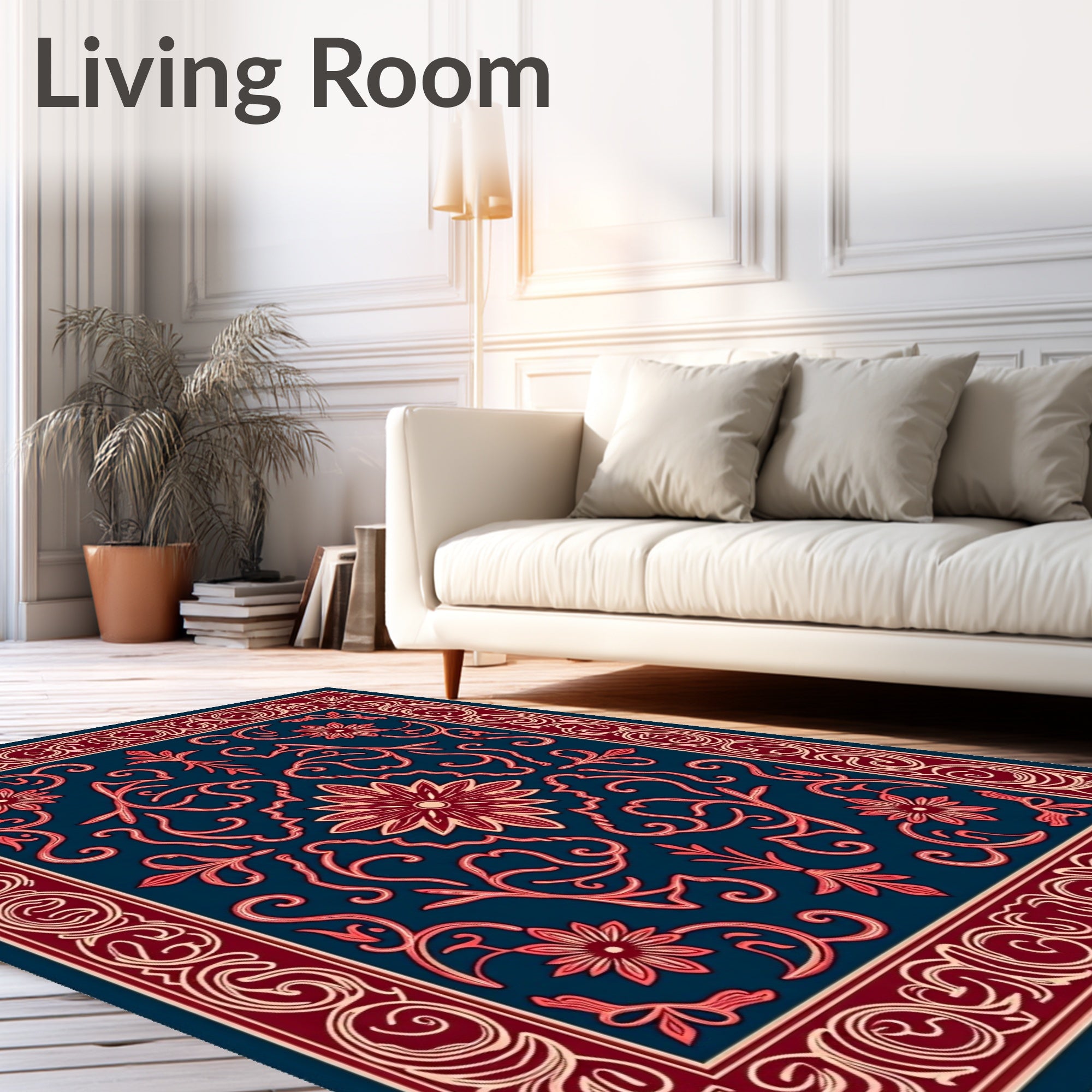 Floral Scrollwork Red Blue Design Rug