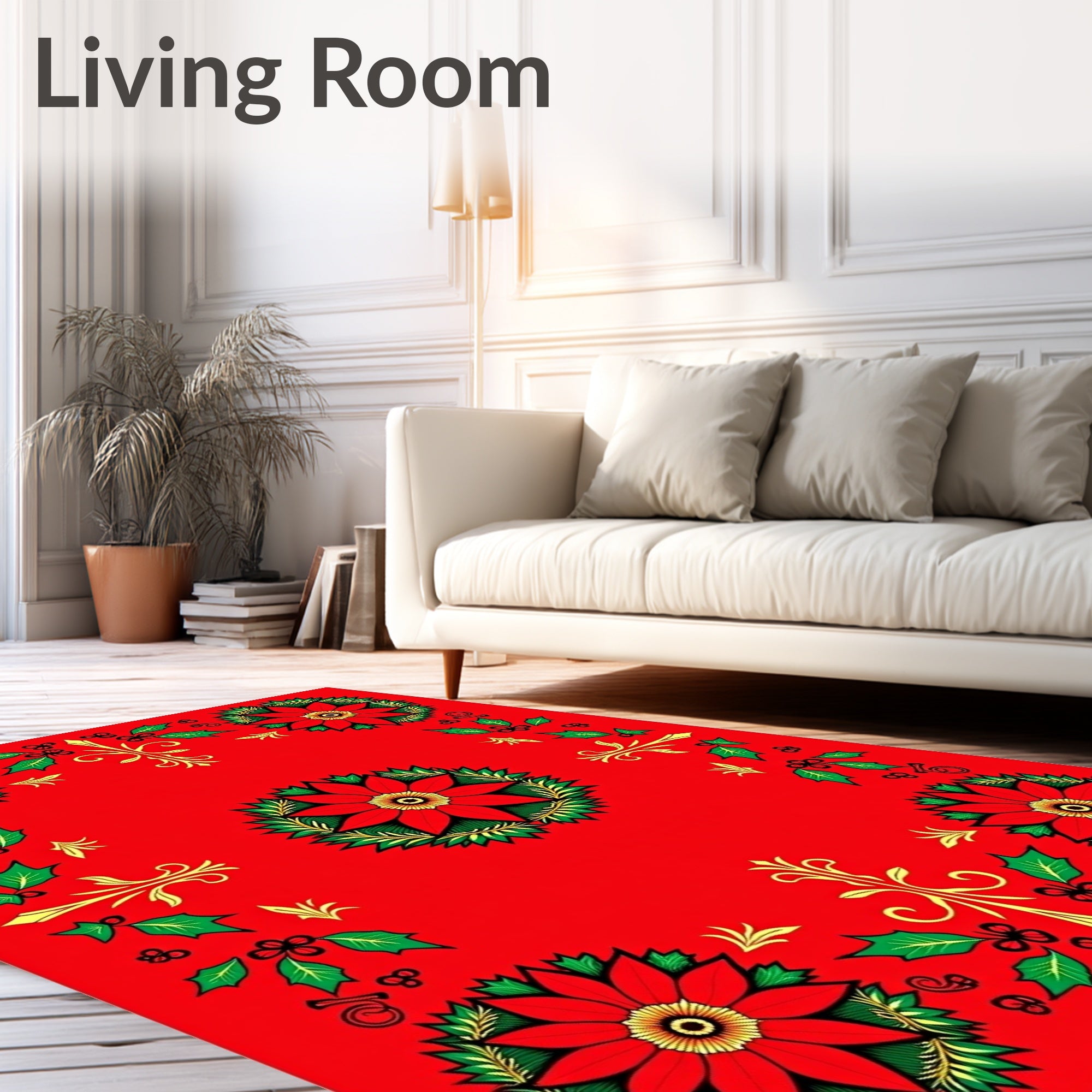 Red Poinsettia Holly Christmas Frame Rug