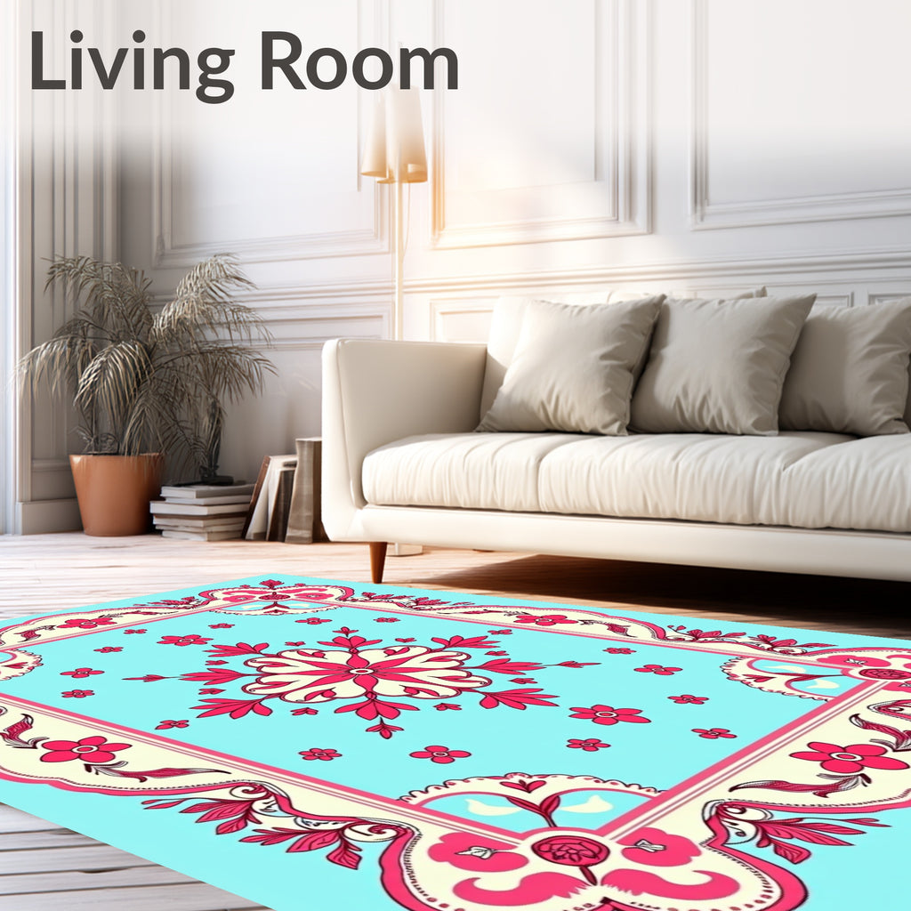 Vibrant Floral Scroll Border Rug