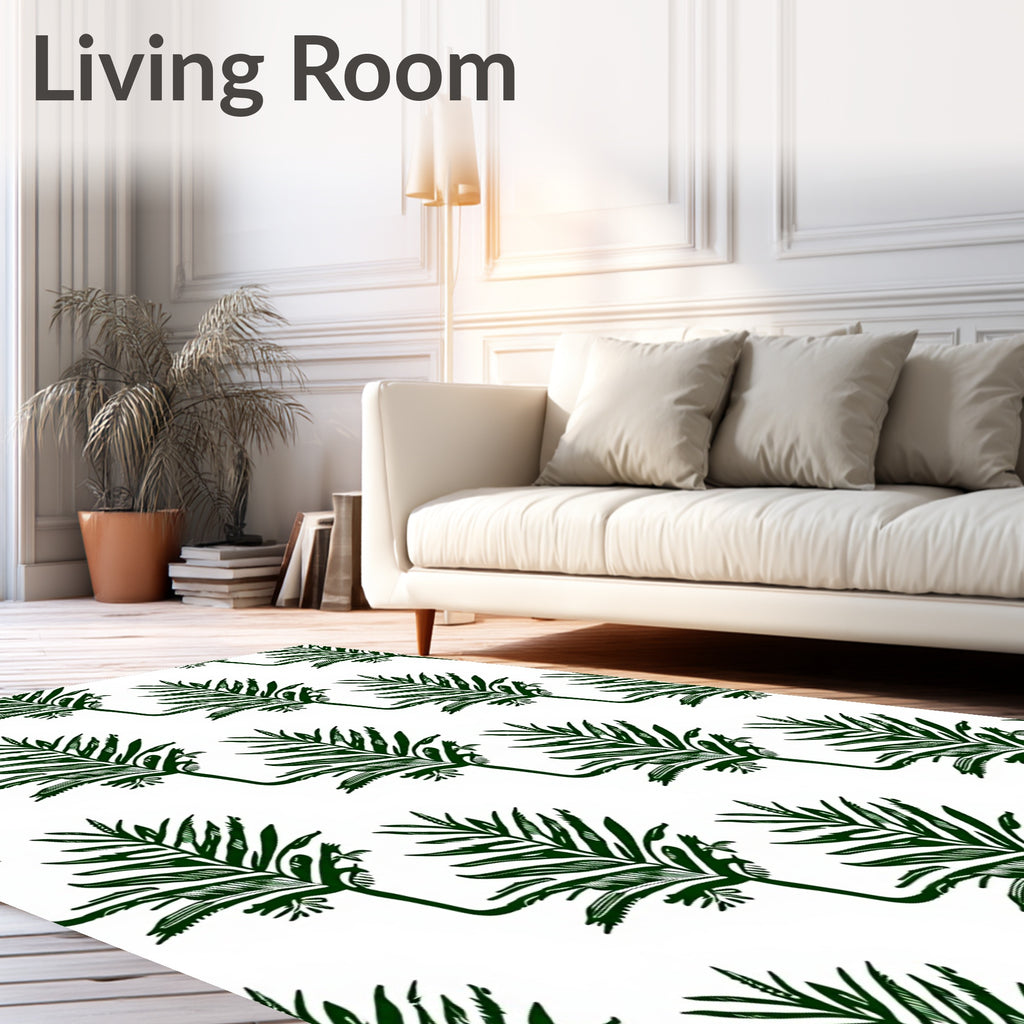 Dark Green Leaf Patterned Design Rug