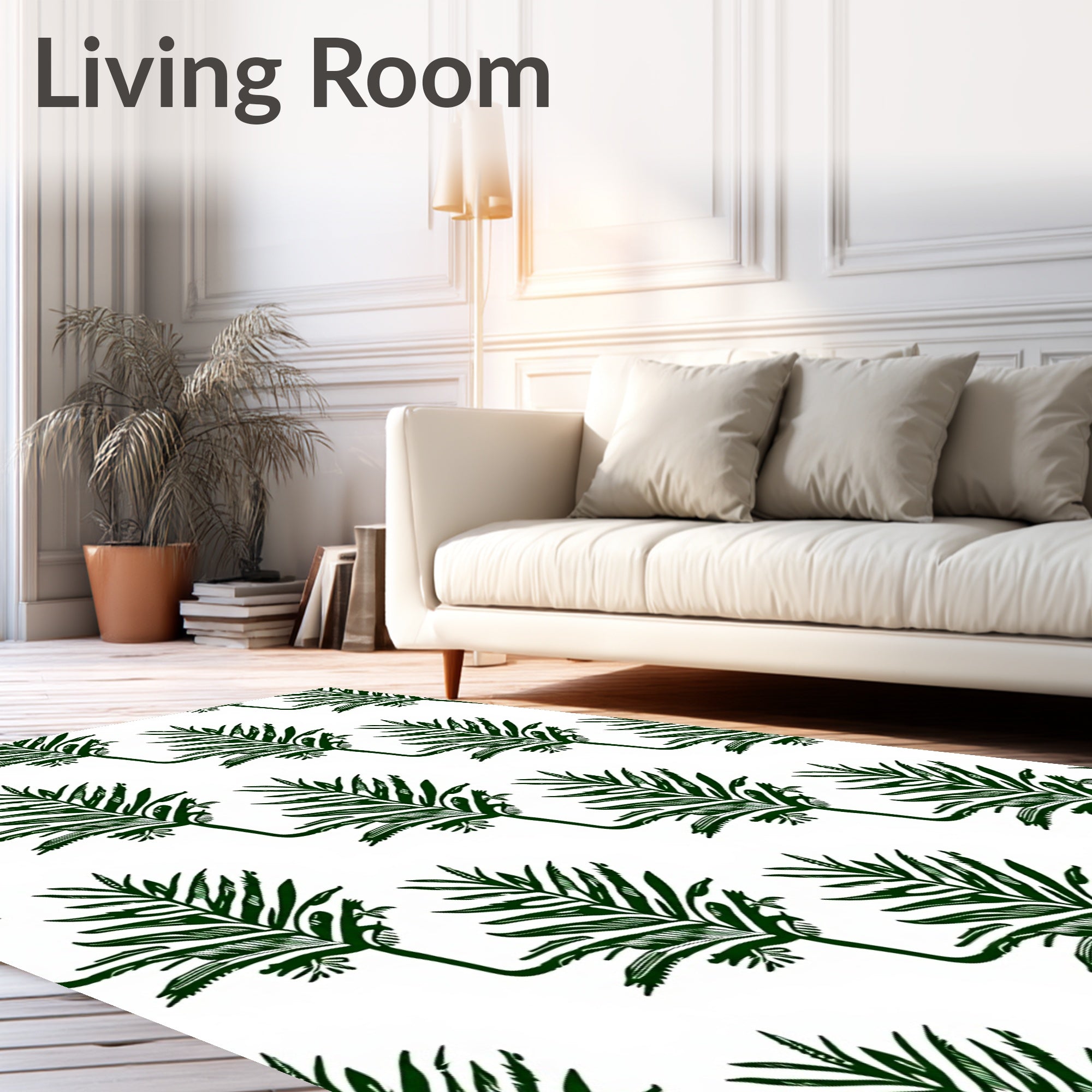Dark Green Leaf Patterned Design Rug