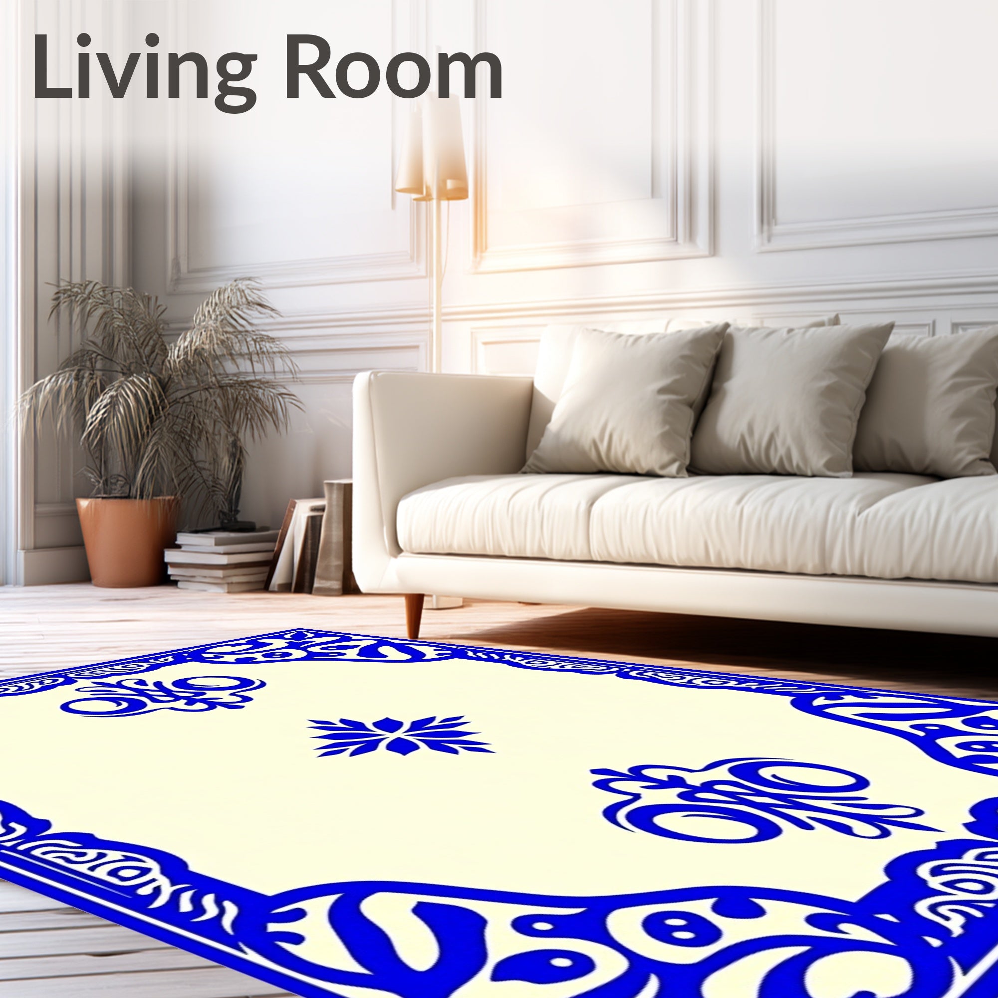 Ornate Blue Scrollwork Ivory Rug