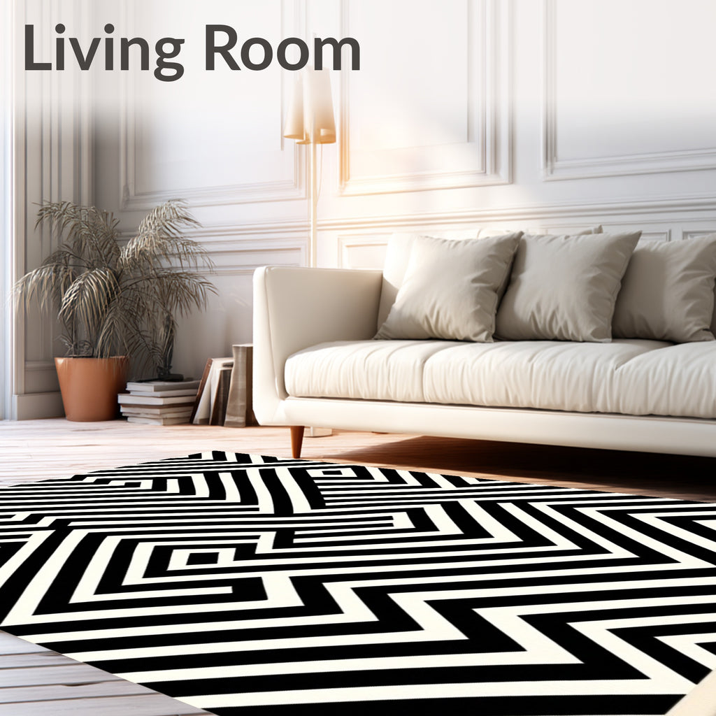 Black White Maze Geometric Design Rug