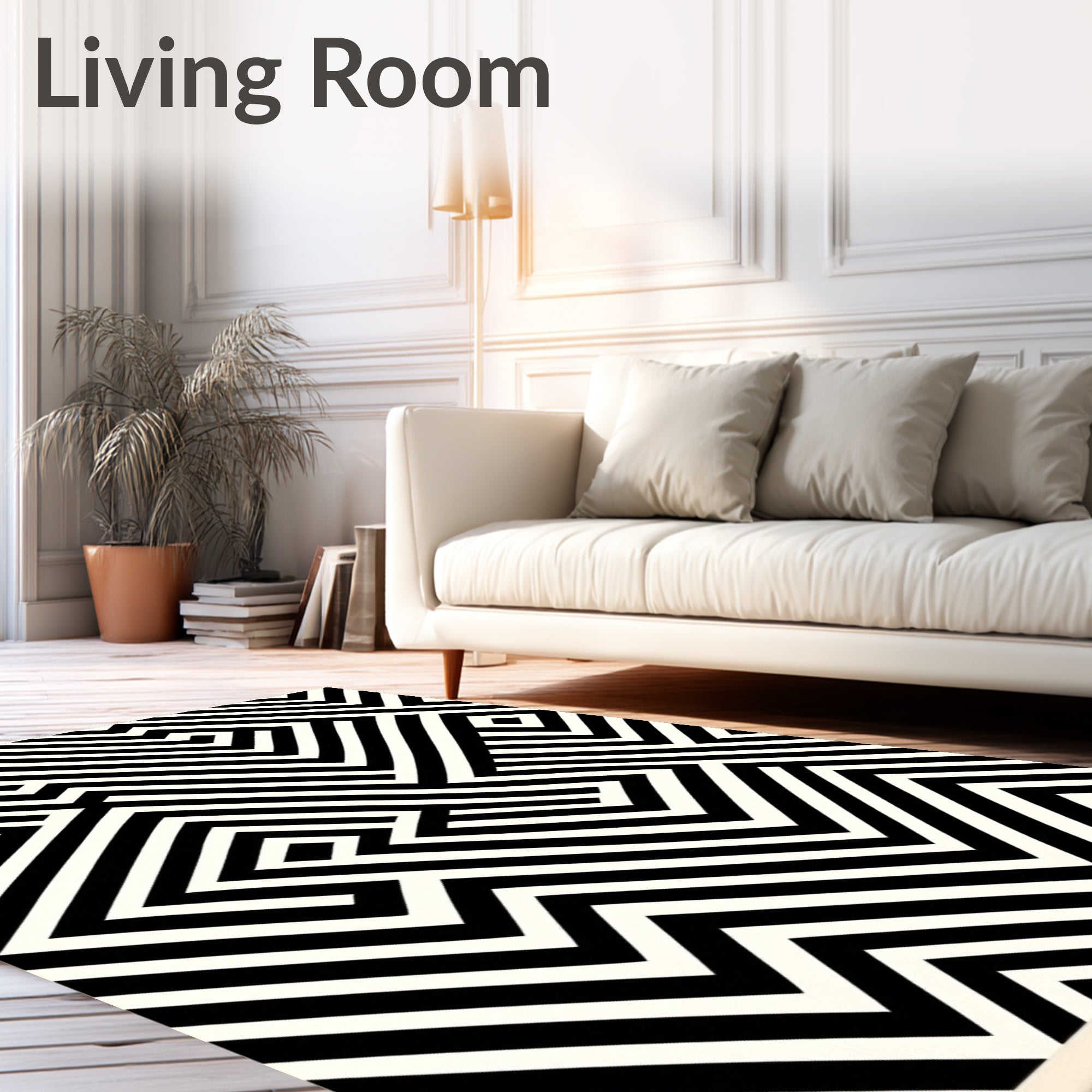 Black White Maze Geometric Design Rug