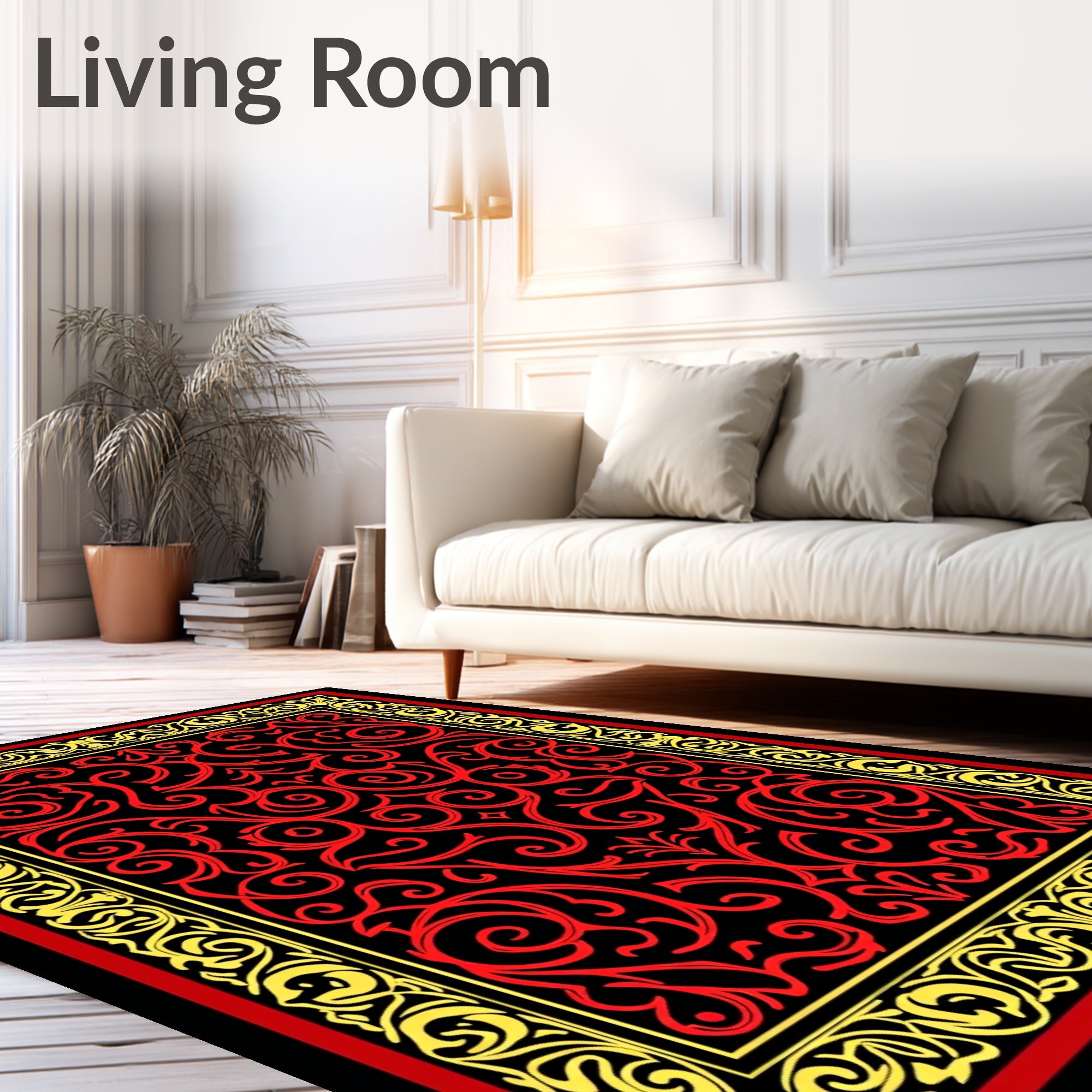Red Yellow Floral Scroll Pattern Rug