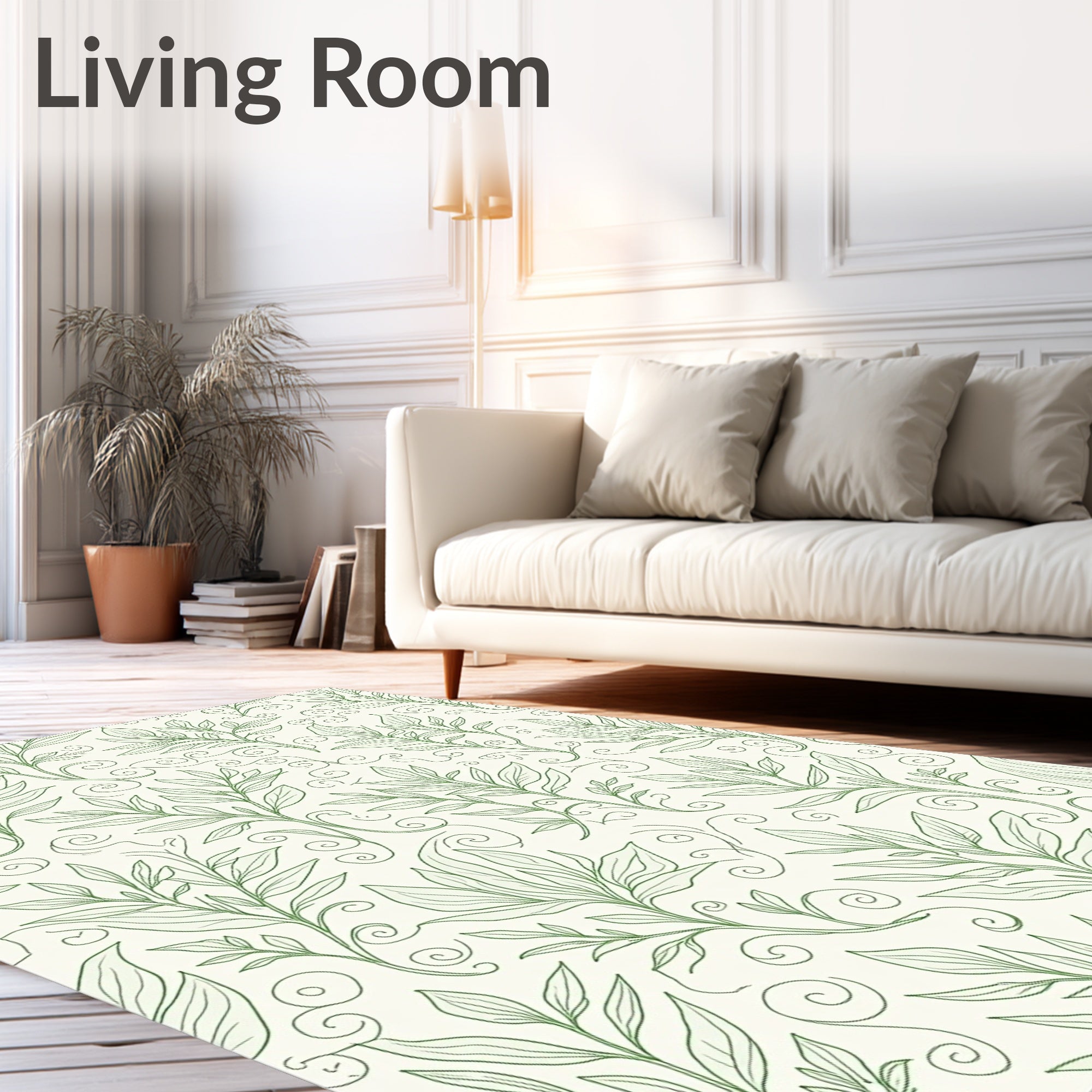 Delicate Green Leaf Vine Scroll Pattern Rug
