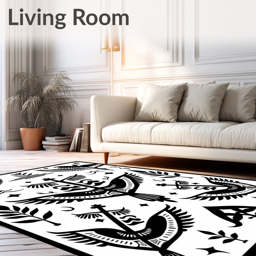 Bold Black Graphic Bird Tree Motif Rug