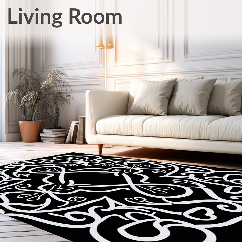 Ornate White Scrollwork Patterned Design Rug