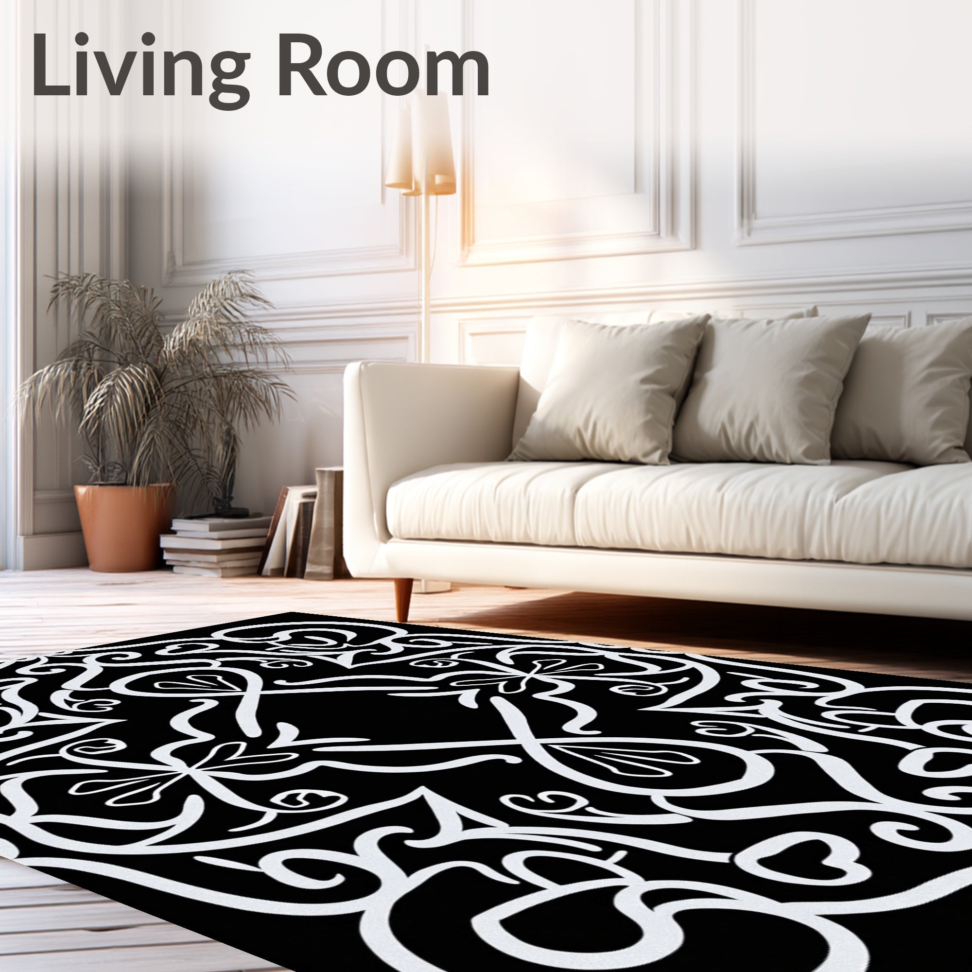 Ornate White Scrollwork Patterned Design Rug