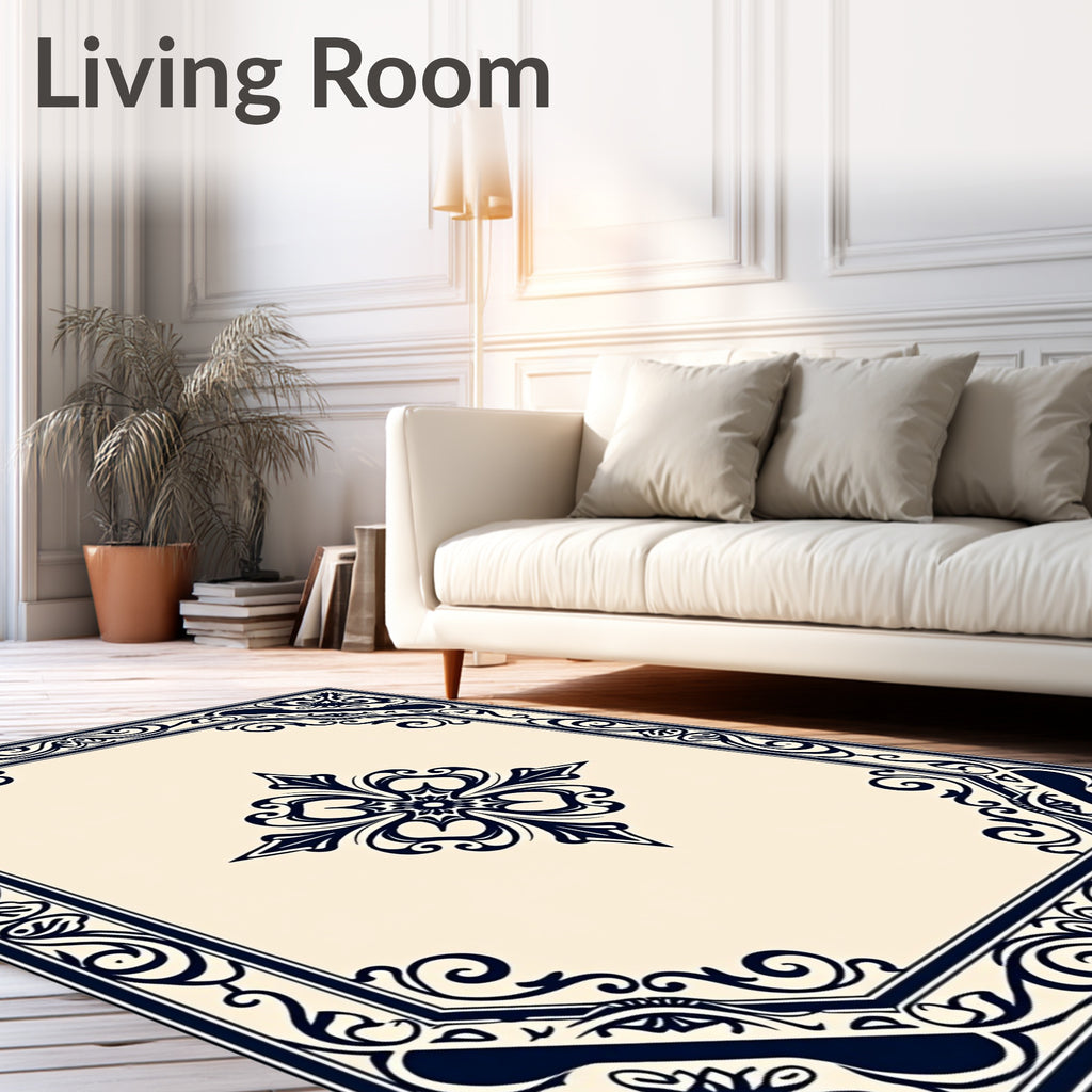 Classic Dark Blue Scrollwork Elegant Design Rug