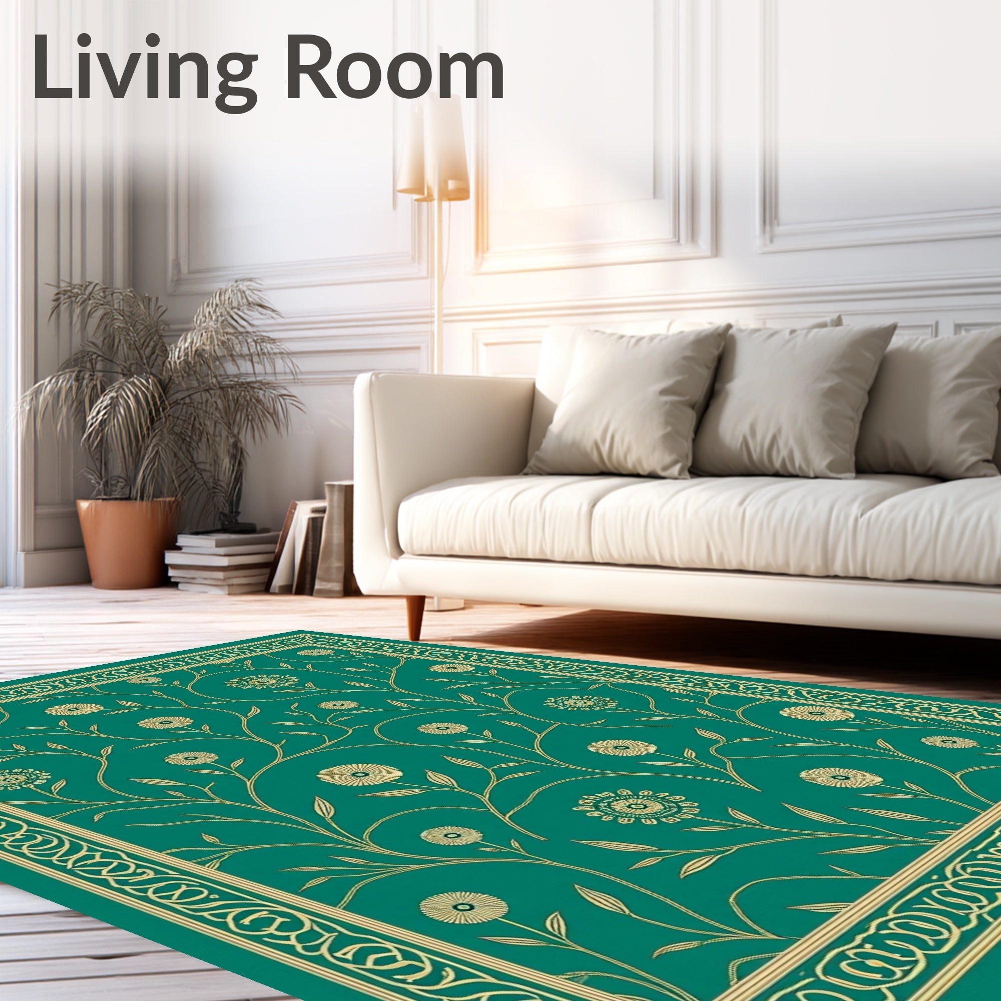 Teal Floral vine Patterned Border Rug