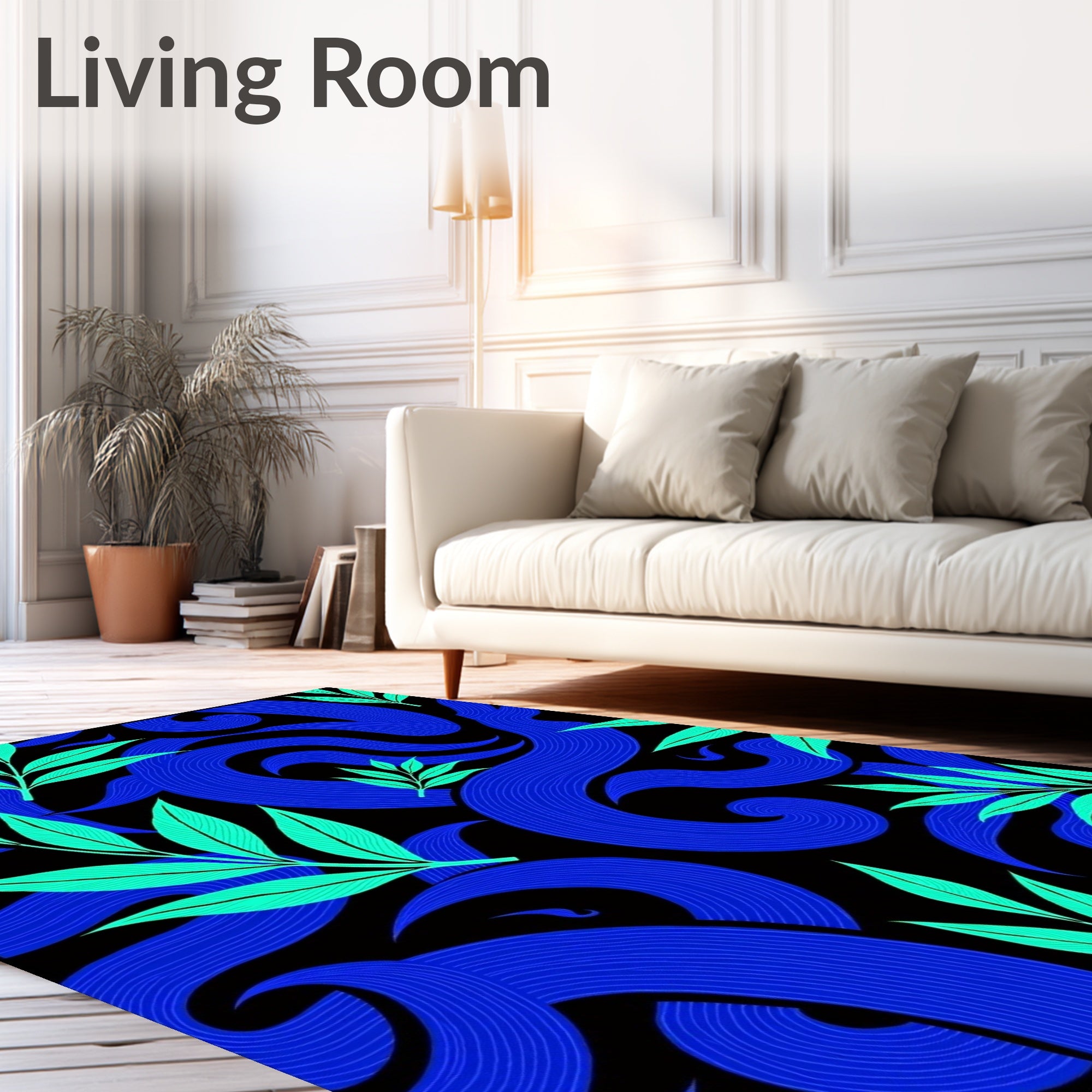 Bold Blue Swirls Emerald Leaves Rug