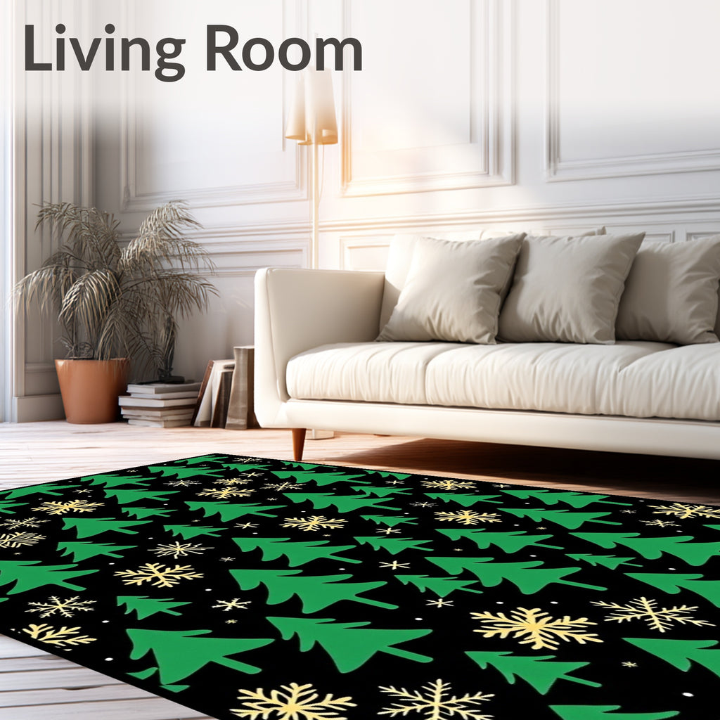 Green Christmas Trees Snowflakes Black Rug