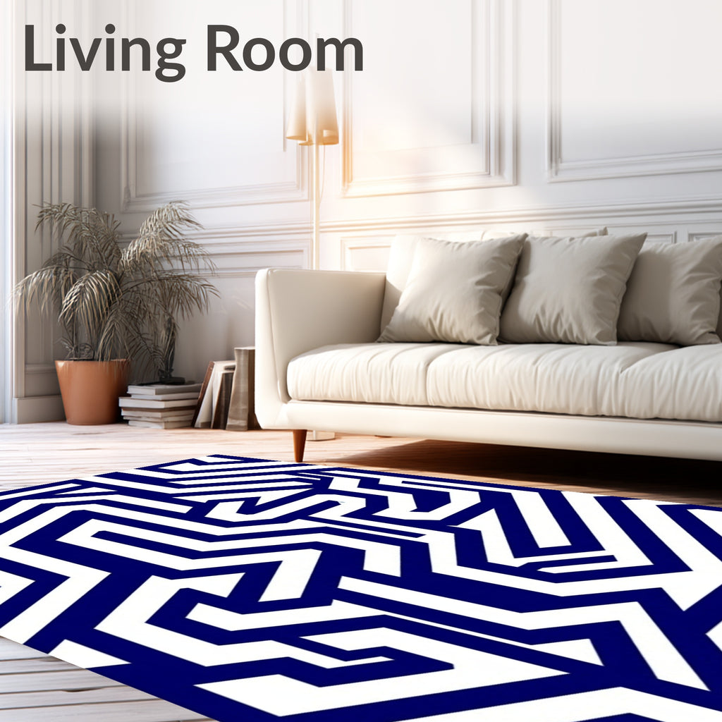 Bold White Navy Geometric Maze Design Rug