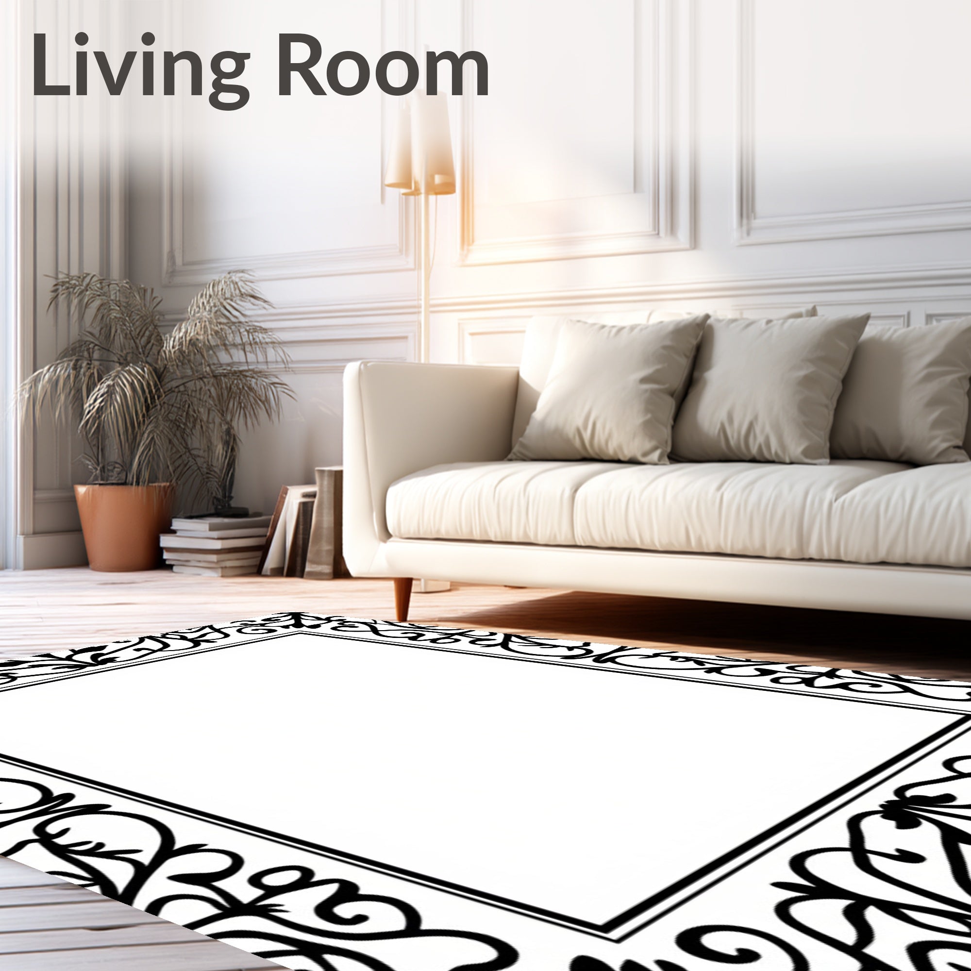 Black Vintage Floral Scroll Border Rug