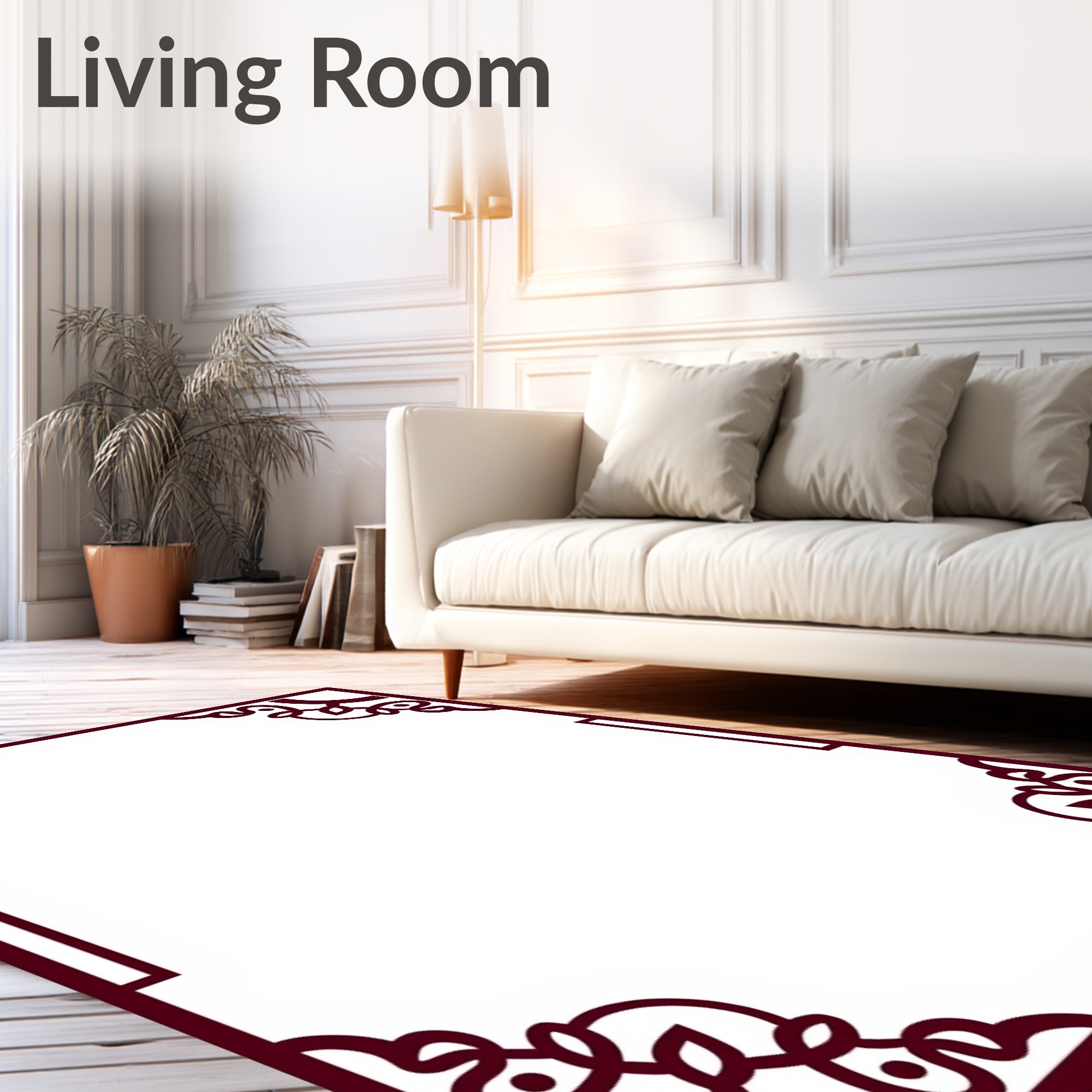 Crimson Ornate Scrollwork Border Rug
