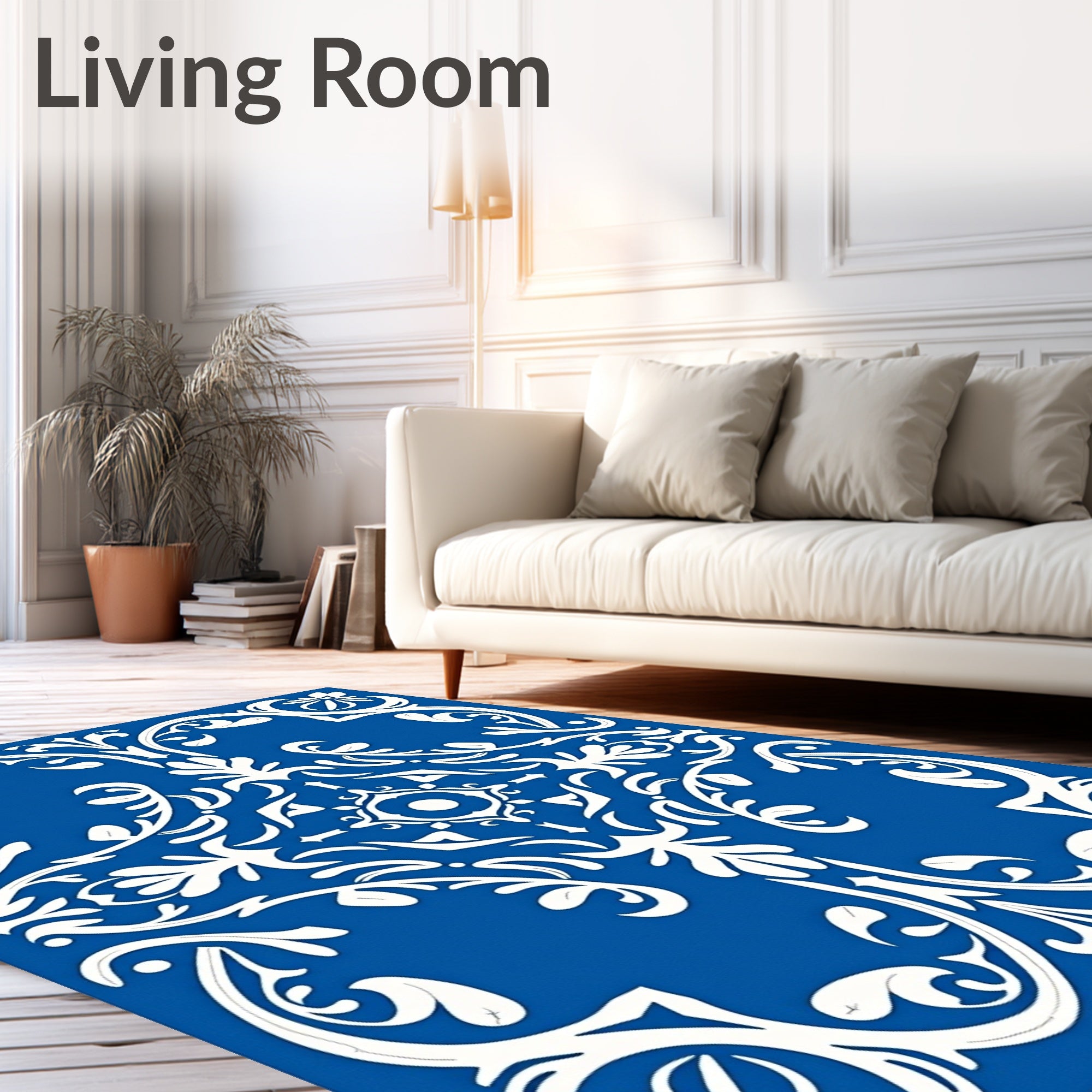 Bold Blue White Floral Scroll Rug