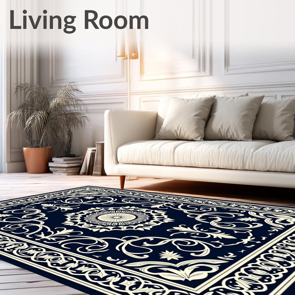 Ornate Floral Dark Blue Artwork Rug