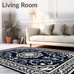Ornate Floral Dark Blue Artwork Rug