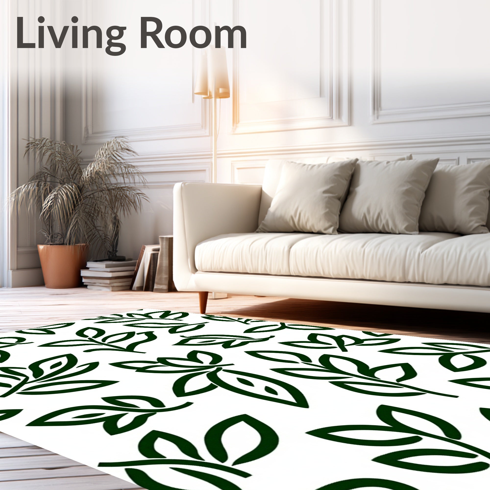 Stylized Dark Green Leaf Pattern Rug