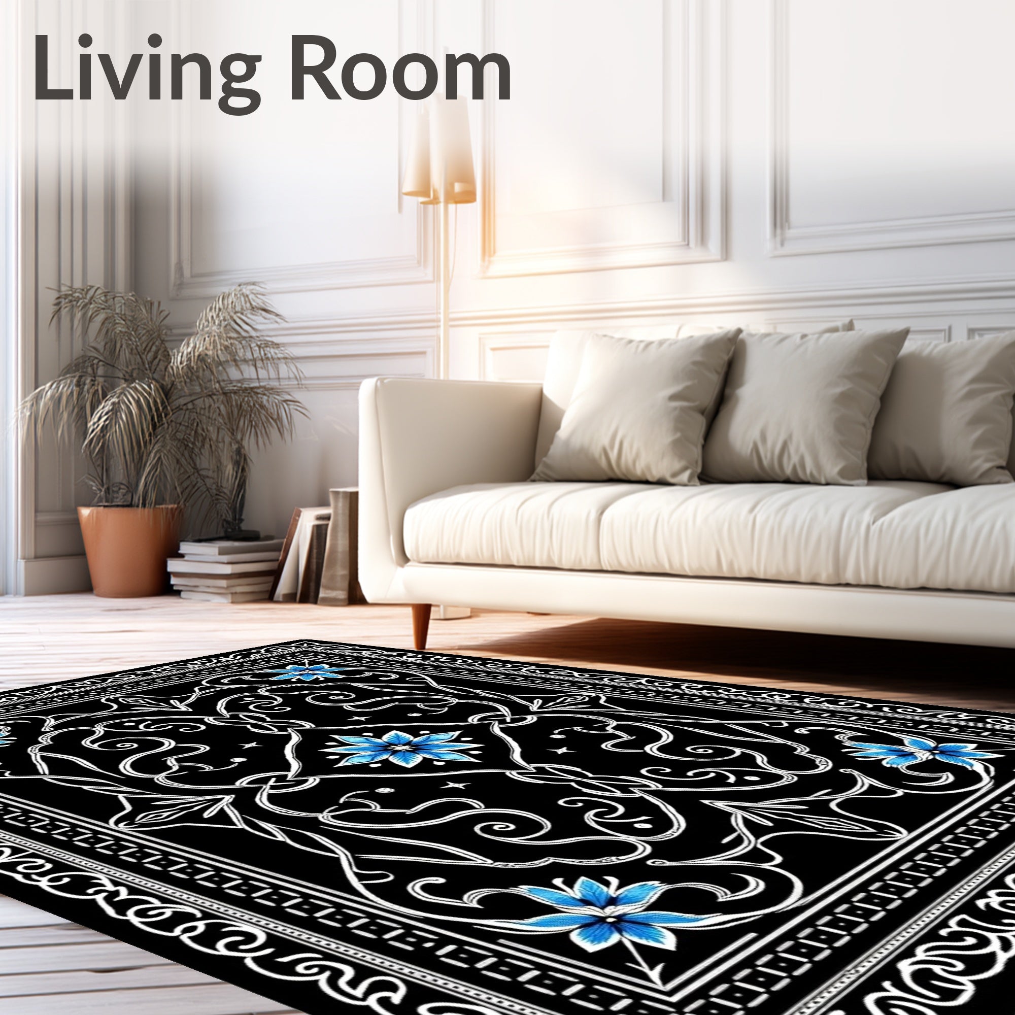 Bold Blue Flourish Floral Design Rug