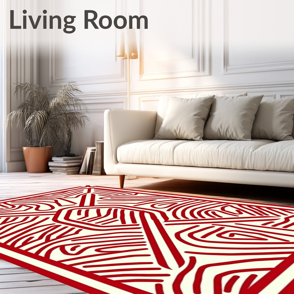 Red and Cream Abstract Line Art Rug