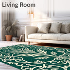 Elegant White Teal Floral Scroll Rug